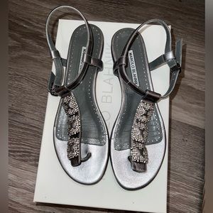 Manolo Blahnik Crystal Embellished Ottolina T Strap Sandals